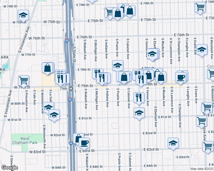 map of restaurants, bars, coffee shops, grocery stores, and more near S Indiana Ave & E 79th St in Chicago