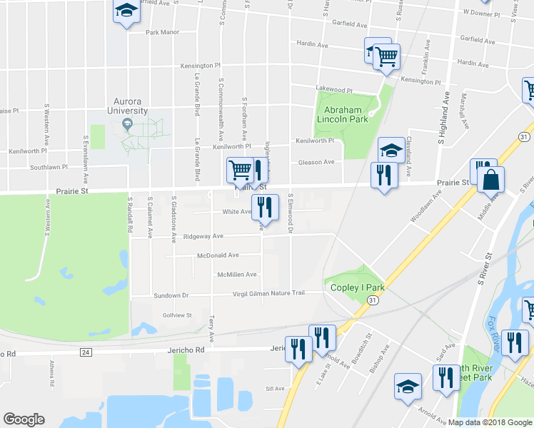 map of restaurants, bars, coffee shops, grocery stores, and more near 524 Hartford Avenue in Aurora