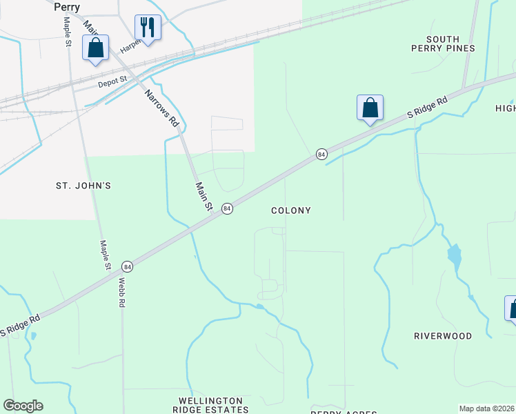 map of restaurants, bars, coffee shops, grocery stores, and more near 4444 South Ridge Road in Perry