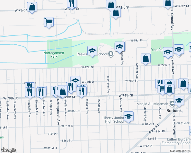 map of restaurants, bars, coffee shops, grocery stores, and more near 7741 Moody Avenue in Oak Lawn