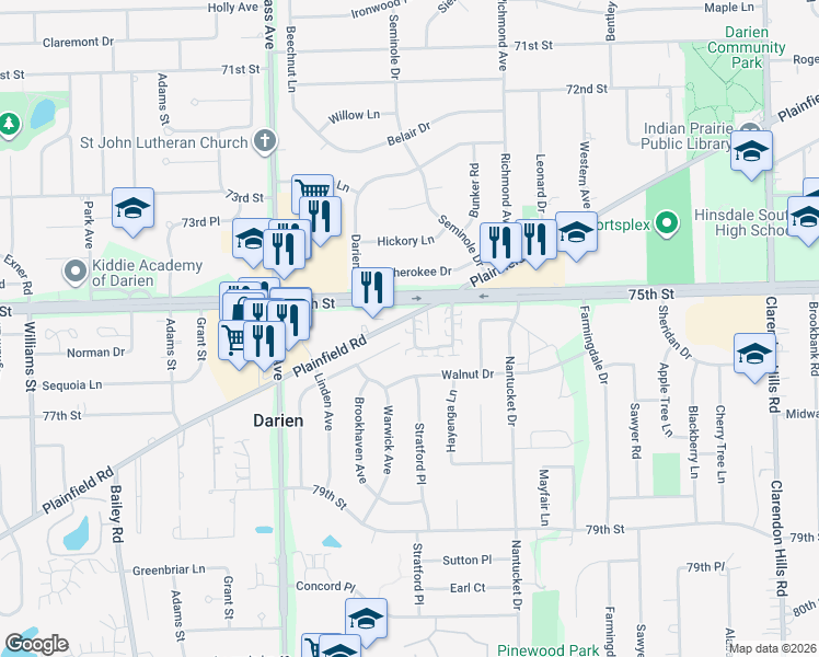 map of restaurants, bars, coffee shops, grocery stores, and more near 7529 Country Lane in Darien