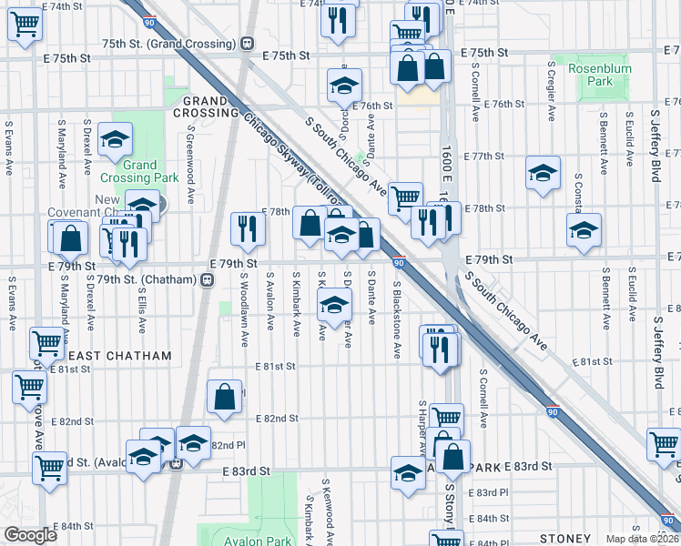 map of restaurants, bars, coffee shops, grocery stores, and more near 7908 S Dorchester Ave in Chicago