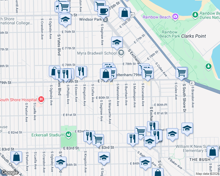 map of restaurants, bars, coffee shops, grocery stores, and more near 7926 South Marquette Avenue in Chicago
