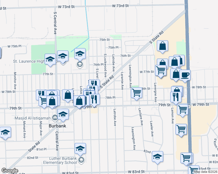 map of restaurants, bars, coffee shops, grocery stores, and more near 5256 West 78th Street in Burbank