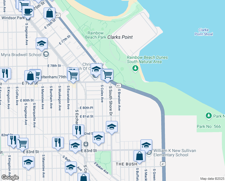 map of restaurants, bars, coffee shops, grocery stores, and more near 7931 South South Shore Drive in Chicago