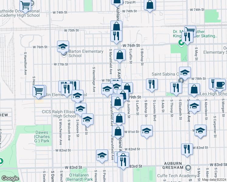 map of restaurants, bars, coffee shops, grocery stores, and more near 7837 South Marshfield Avenue in Chicago