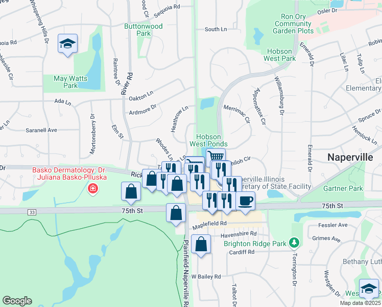 map of restaurants, bars, coffee shops, grocery stores, and more near 1142 Tennyson Lane in Naperville