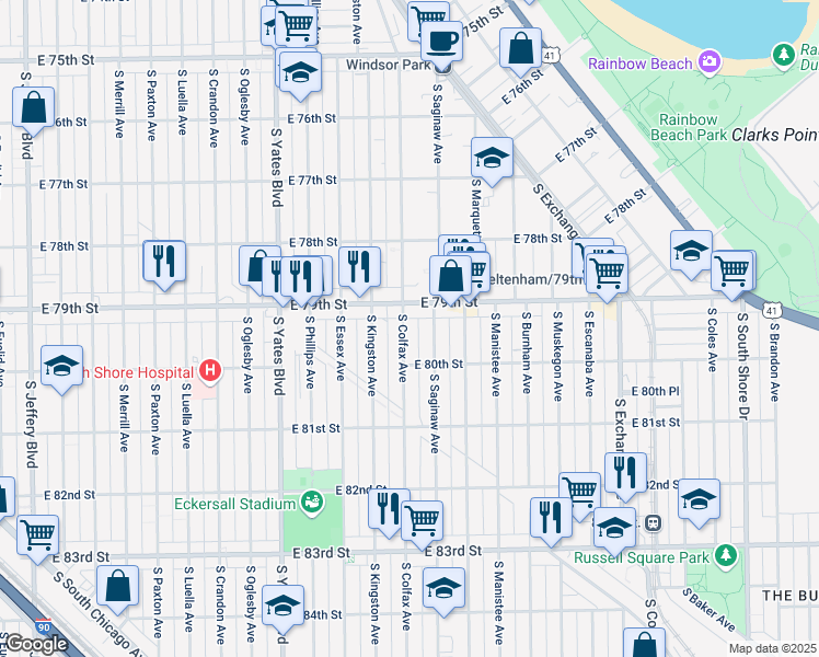 map of restaurants, bars, coffee shops, grocery stores, and more near 7925 South Colfax Avenue in Chicago