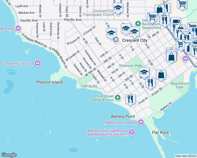 map of restaurants, bars, coffee shops, grocery stores, and more near 745 Taylor Street in Crescent City