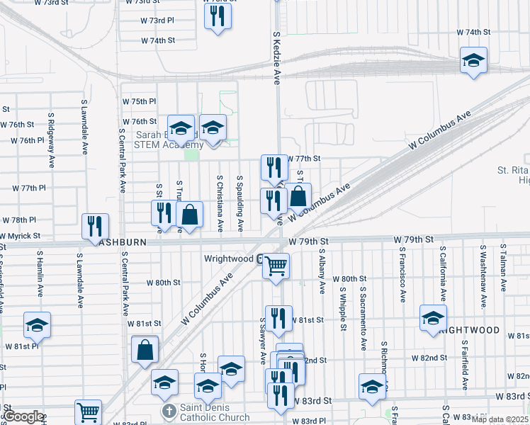 map of restaurants, bars, coffee shops, grocery stores, and more near 7817 South Sawyer Avenue in Chicago