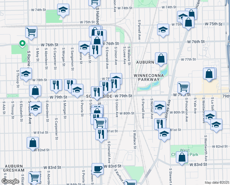map of restaurants, bars, coffee shops, grocery stores, and more near 7848 South Union Avenue in Chicago