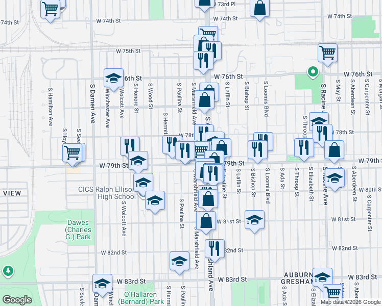 map of restaurants, bars, coffee shops, grocery stores, and more near 7837 South Marshfield Avenue in Chicago