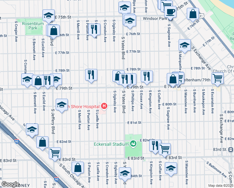 map of restaurants, bars, coffee shops, grocery stores, and more near 7921 South Oglesby Avenue in Chicago