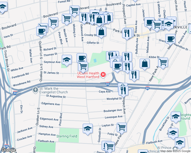 map of restaurants, bars, coffee shops, grocery stores, and more near 130 Kane Street in West Hartford