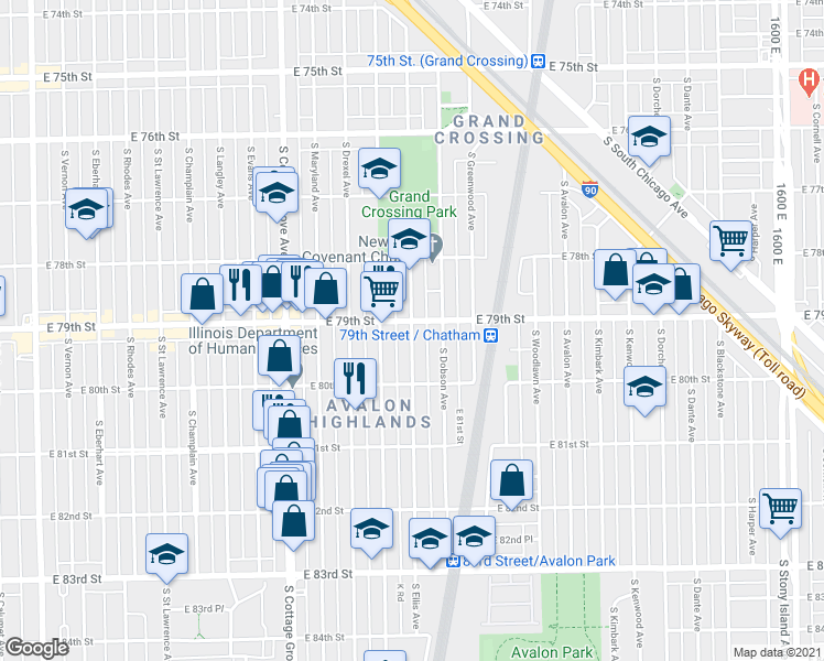map of restaurants, bars, coffee shops, grocery stores, and more near 7909 South Ellis Avenue in Chicago