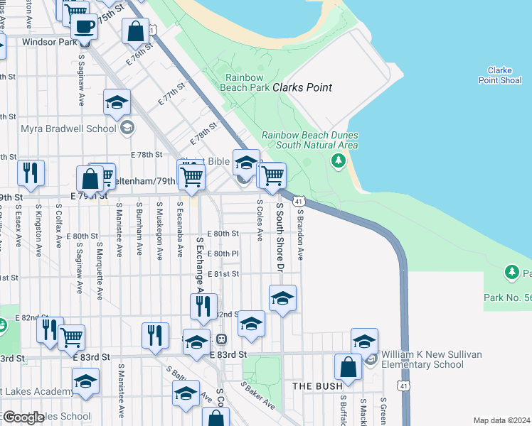 map of restaurants, bars, coffee shops, grocery stores, and more near 7929 South Coles Avenue in Chicago