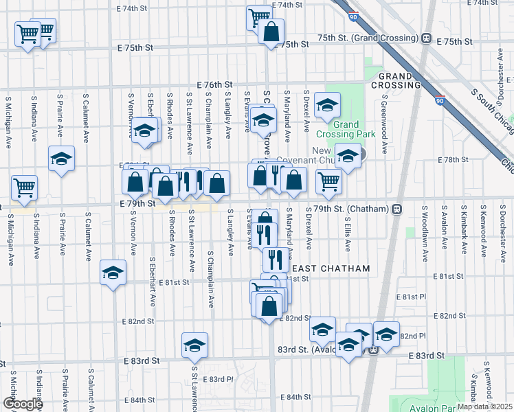 map of restaurants, bars, coffee shops, grocery stores, and more near 743 East 79th Street in Chicago