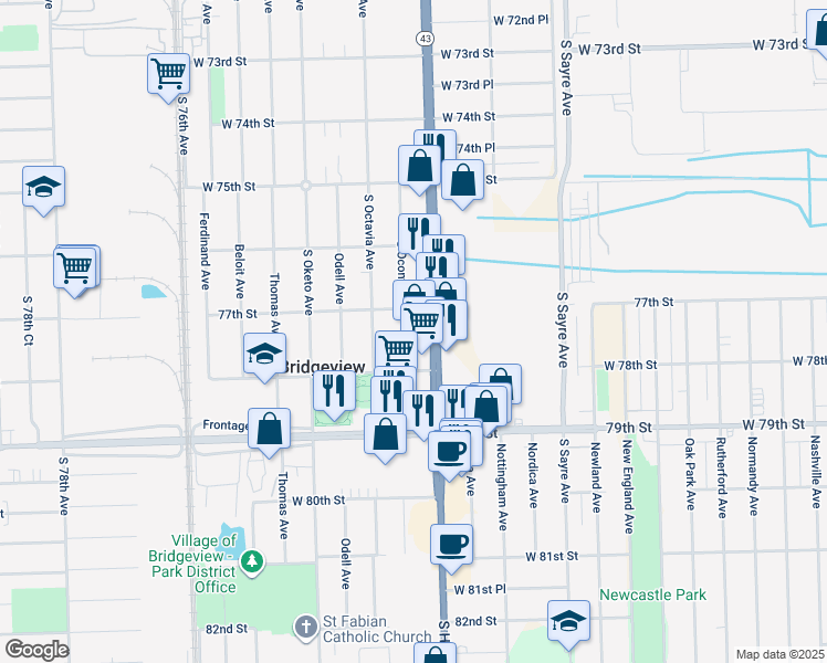 map of restaurants, bars, coffee shops, grocery stores, and more near 7730 South Harlem Avenue in Bridgeview