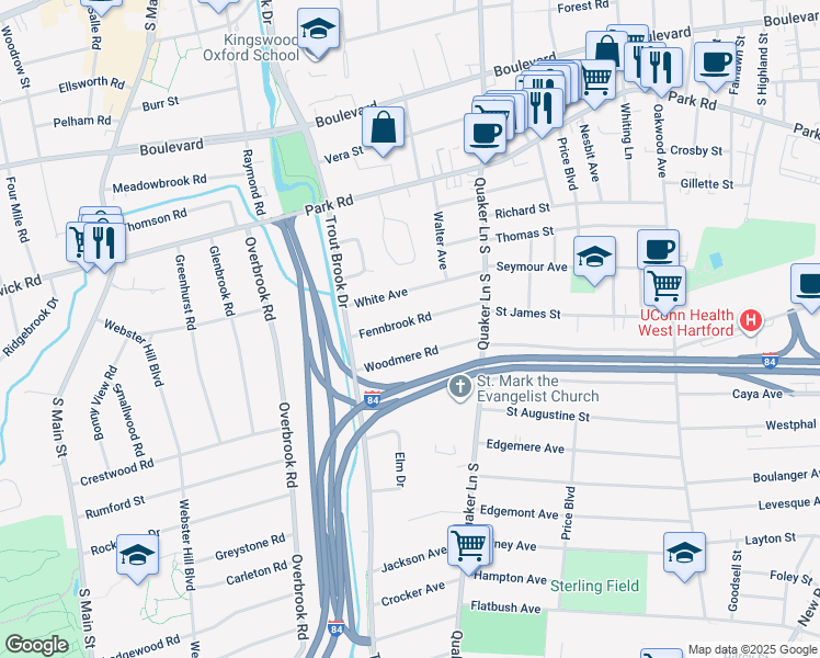 map of restaurants, bars, coffee shops, grocery stores, and more near 67 Fennbrook Road in West Hartford