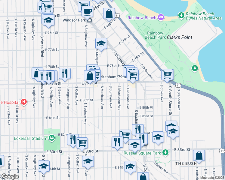 map of restaurants, bars, coffee shops, grocery stores, and more near 7931 South Burnham Avenue in Chicago