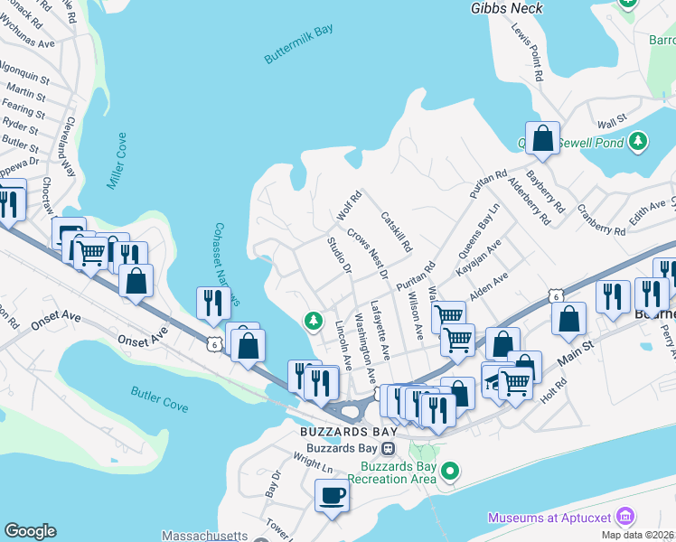 map of restaurants, bars, coffee shops, grocery stores, and more near 11 Van Bummel Road in Bourne