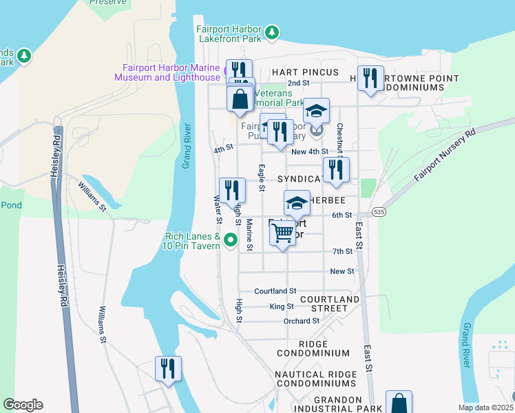 map of restaurants, bars, coffee shops, grocery stores, and more near 533 Eagle Street in Fairport Harbor