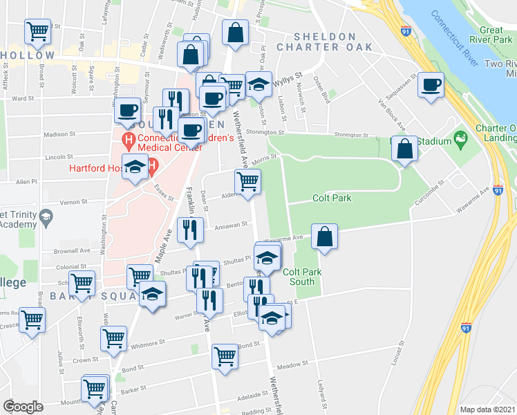 map of restaurants, bars, coffee shops, grocery stores, and more near 176 Wethersfield Avenue in Hartford