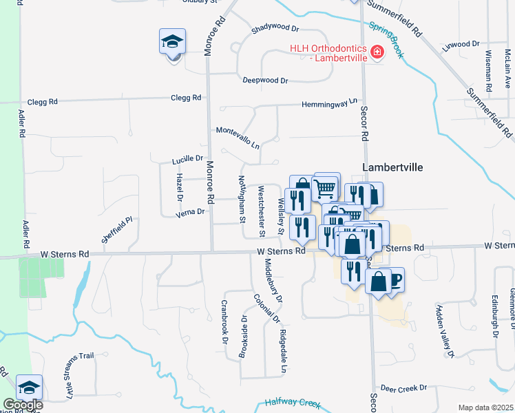 map of restaurants, bars, coffee shops, grocery stores, and more near 7529 Westchester Street in Lambertville