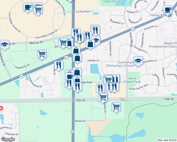 map of restaurants, bars, coffee shops, grocery stores, and more near 2956 Henley Lane in Naperville