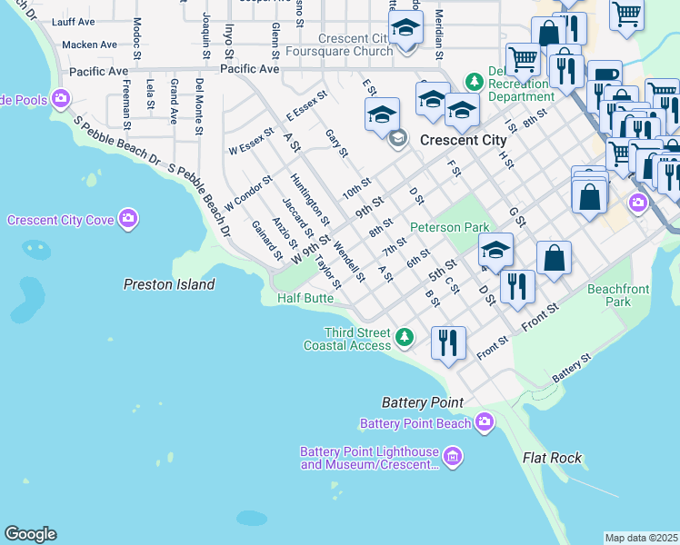 map of restaurants, bars, coffee shops, grocery stores, and more near 745 Taylor Street in Crescent City