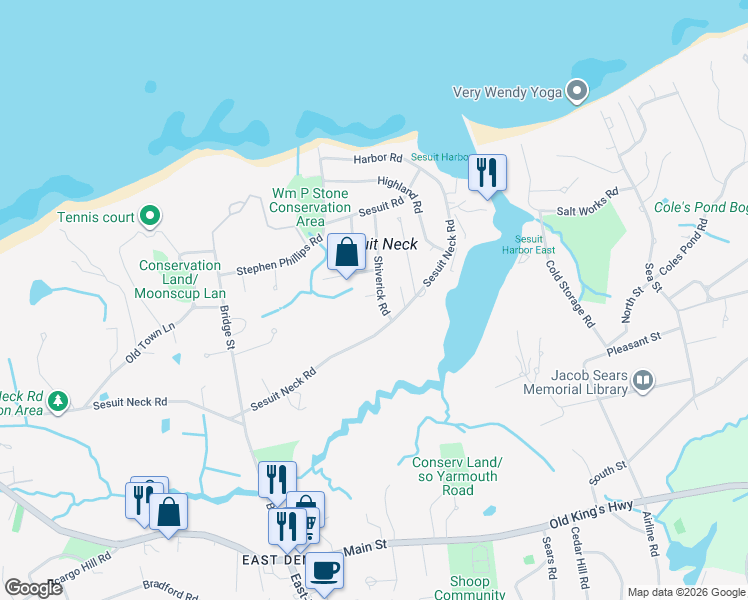 map of restaurants, bars, coffee shops, grocery stores, and more near 11 Shiverick Road in Dennis