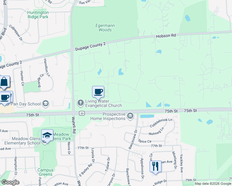 map of restaurants, bars, coffee shops, grocery stores, and more near 8S280 Blackthorne Lane in Naperville