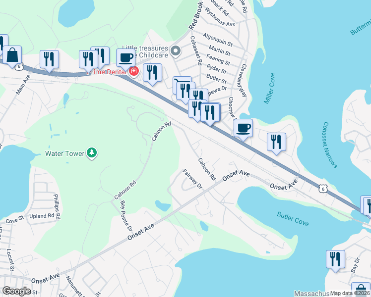 map of restaurants, bars, coffee shops, grocery stores, and more near 20 Cahoon Road in Wareham