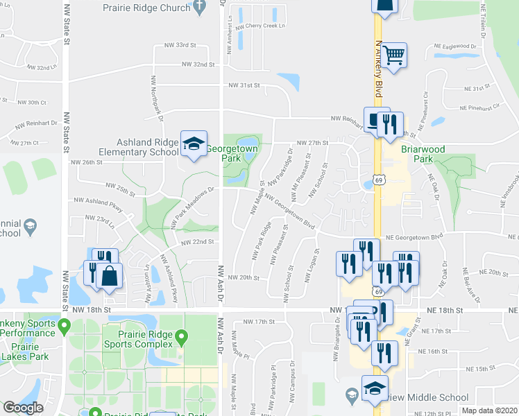 map of restaurants, bars, coffee shops, grocery stores, and more near 2321 Northwest Maple Street in Ankeny