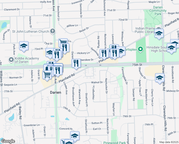 map of restaurants, bars, coffee shops, grocery stores, and more near 913 Plainfield Road in Darien