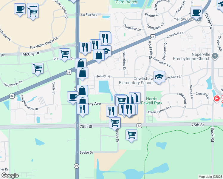 map of restaurants, bars, coffee shops, grocery stores, and more near 2769 Blakely Lane in Naperville