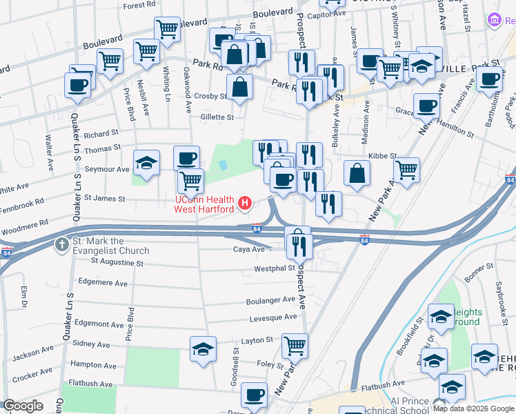 map of restaurants, bars, coffee shops, grocery stores, and more near 55 Kane Street in West Hartford