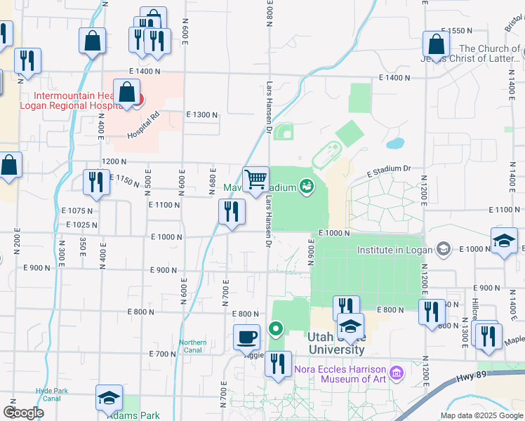 map of restaurants, bars, coffee shops, grocery stores, and more near 1025 North 800 East in Logan
