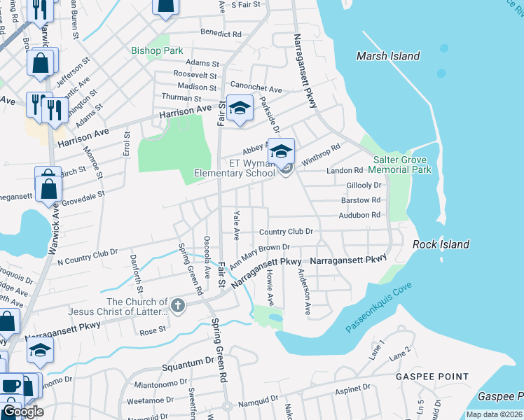 map of restaurants, bars, coffee shops, grocery stores, and more near 4 Howie Avenue in Warwick