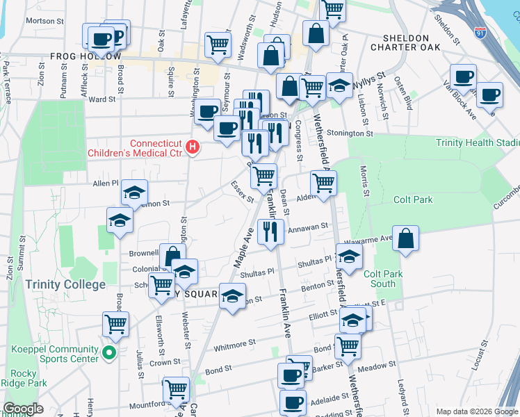 map of restaurants, bars, coffee shops, grocery stores, and more near 43 Franklin Avenue in Hartford