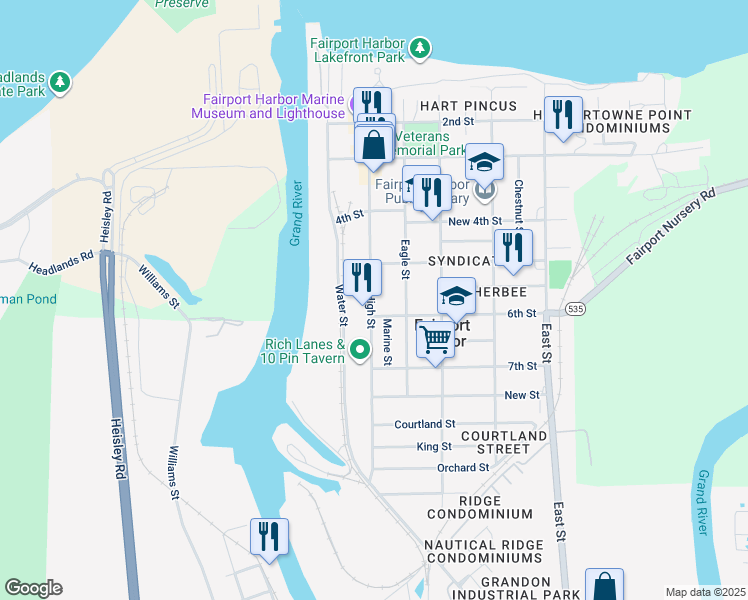 map of restaurants, bars, coffee shops, grocery stores, and more near 535 High Street in Fairport Harbor
