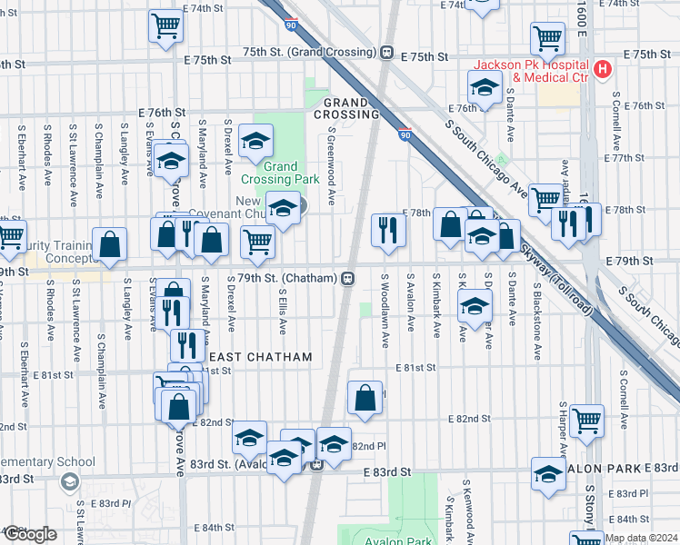 map of restaurants, bars, coffee shops, grocery stores, and more near South Greenwood Avenue in Chicago