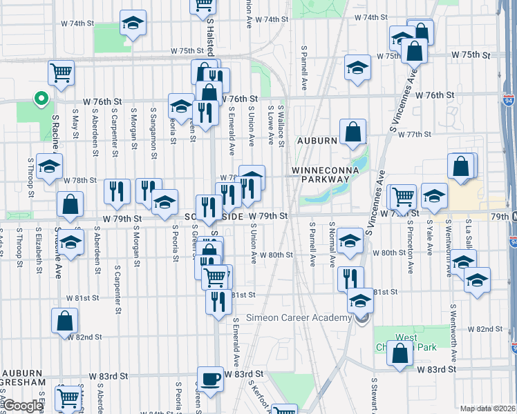 map of restaurants, bars, coffee shops, grocery stores, and more near 7848 South Union Avenue in Chicago