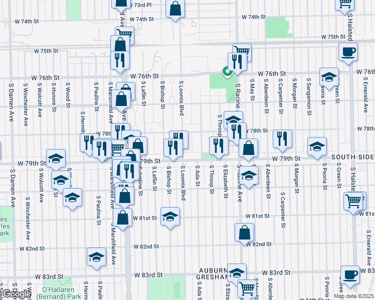 map of restaurants, bars, coffee shops, grocery stores, and more near 7849 South Loomis Boulevard in Chicago