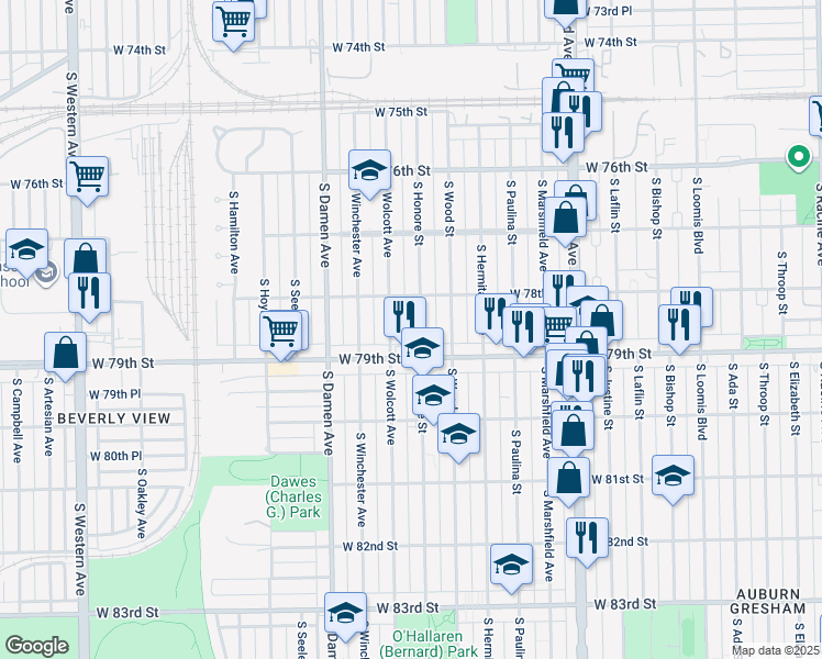 map of restaurants, bars, coffee shops, grocery stores, and more near 7837 South Wolcott Avenue in Chicago