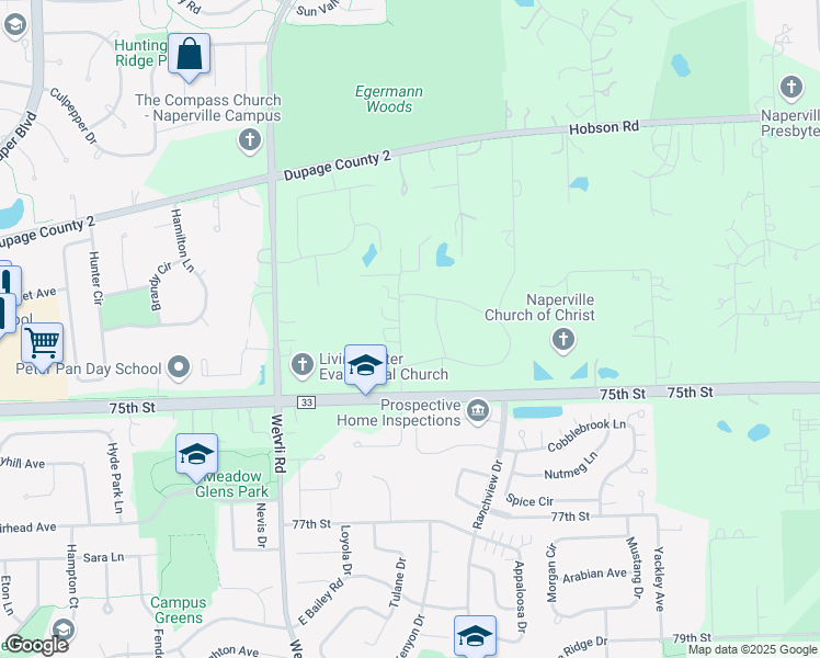 map of restaurants, bars, coffee shops, grocery stores, and more near 8S280 Blackthorne Lane in Naperville