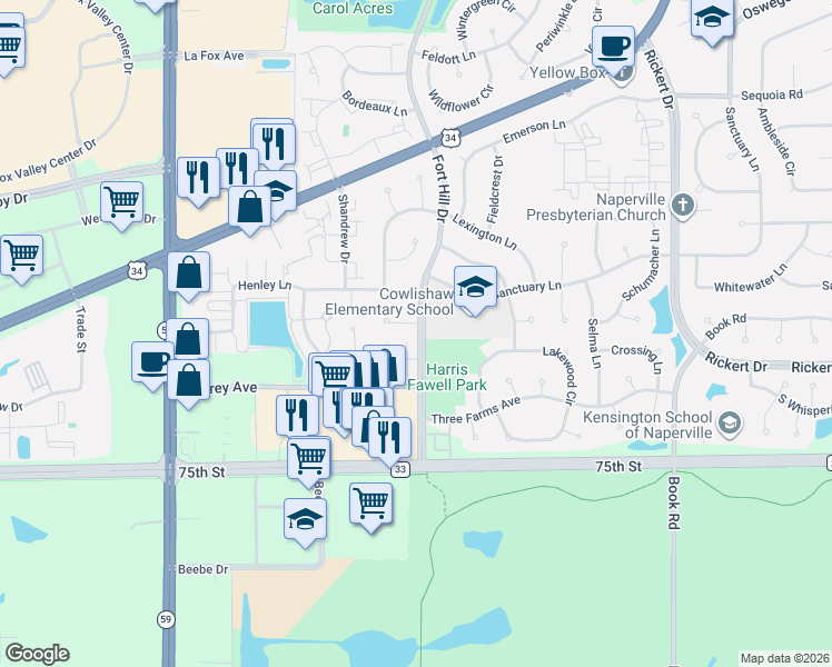 map of restaurants, bars, coffee shops, grocery stores, and more near 2512 Fairbanks Court in Naperville