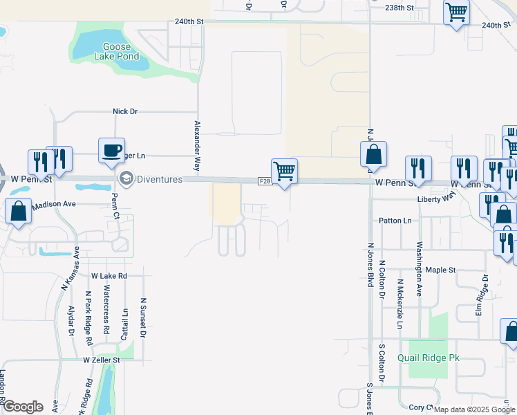 map of restaurants, bars, coffee shops, grocery stores, and more near 545 Pond View Drive in North Liberty