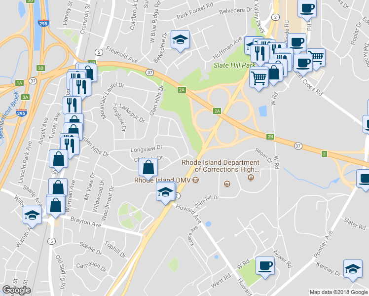 map of restaurants, bars, coffee shops, grocery stores, and more near 16 Sweetbriar Drive in Cranston