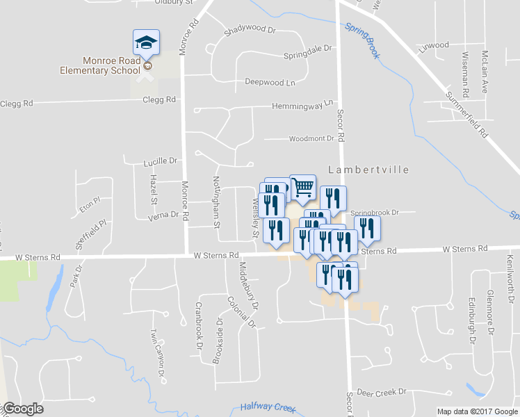 map of restaurants, bars, coffee shops, grocery stores, and more near 7528 Wellsley Street in Lambertville